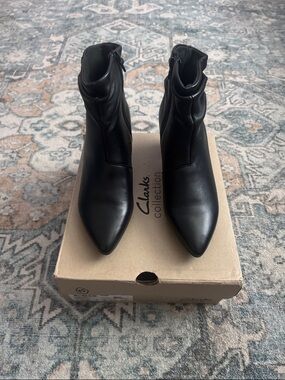 Clarks Black Pointed Toe Leather Ankle Booties